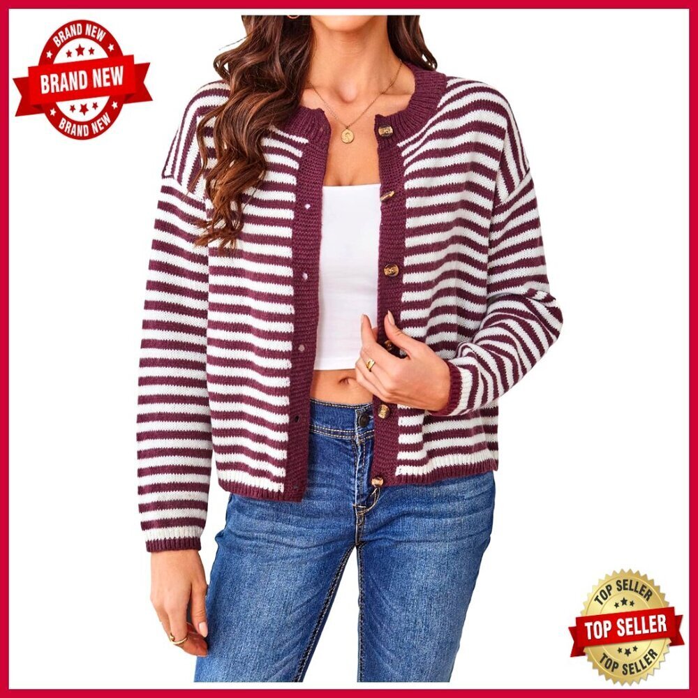 Women's Striped Cardigan Button Up Crewneck Long Sleeve Knitwear Top